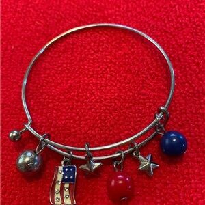 Patriotic Silver Charm Bangle Bracelet with Red & Blue Beads